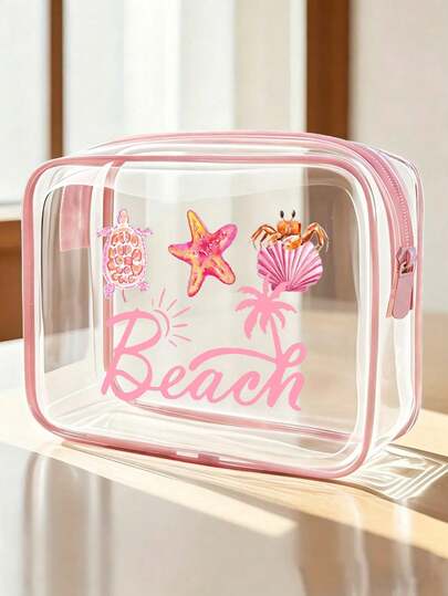 New Pink Beach Letter Print Waterproof PVC Beach Bag With Shell And Starfish Decor, PVC Cosmetic Bag, Zipper PVC Travel Organizer Bag, Lightweight Fade-Resistant Toiletry Bag For Men And Women, TSA-Approved Portable Makeup Case, Easy To Wipe Clean, Suitable For Mothers, Teachers, Friends, Nurses, Essential For School, Vacation, Travel
