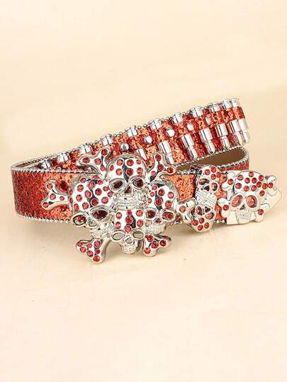 Women's Retro Punk Style Rhinestone Skull Buckle Belt,Chic Glitter Red PU Leather Belt - Fashion Rivet Heavy Metal Belt Y2K Gothic Style, For Men Women - Versatile For Jeans, Dresses & Party Wear