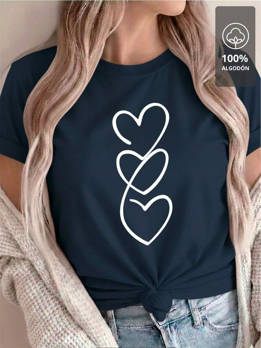 Triple Hearts Black Outline - Camiseta de manga corta 100% algodón puro - Color azul marino - Ver 1