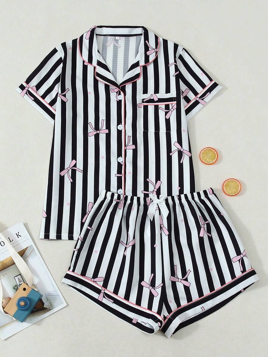 Set Piyama Wanita Lengan Pendek Bergaris Motif Pita Berkerut Model Gelembung - Hitam - View 1