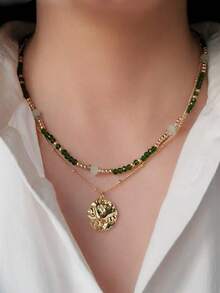 1pc Vintage Green Beaded Long Necklace, Multi-Color Elegant Layered Necklace Suitable For Women's Daily, Festival, Party Wear, Can Be Given As New Year Or Jewelry Gift - Dark Green - View 2