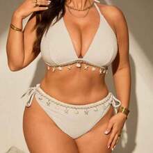 Swim  Plus Size Shell Details Halter Neck Bikini Set For Summer Beach Vacation - Albaricoque - Ver 1