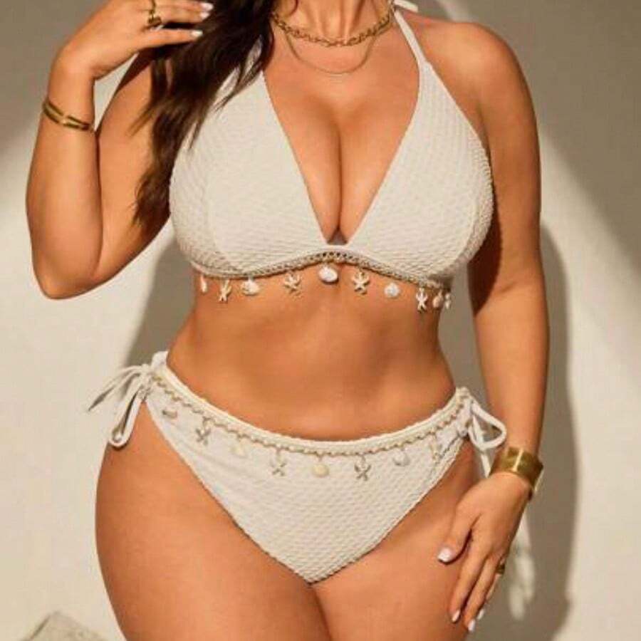 Swim  Plus Size Shell Details Halter Neck Bikini Set For Summer Beach Vacation - Albaricoque - Ver 1
