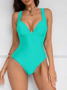 Traje de baño de una pieza con control de abdomen y push-up, con parches de color marrón, cordón de ajuste elegante y sexy, para fiestas y piscina - Verde - Ver 8