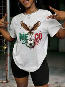 Mexico 2026 Eagle Print T-Shirt, World Cup Theme, Loose Fit, Short Sleeve, Casual Sporty Style, Women's Summer Graphic T-Shirts - 淺灰色 - 查看 7