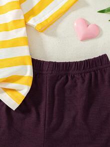 2pcs/Set Girls' Casual Striped Print Decor Raglan Sleeve Top And Solid Color Shorts Set, Spring/Summer - Yellow - View 7