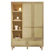 Wardrobe With 2 Doors And Rattan Weave, Country Style Oak Look, Open Shelf, Shelves, Clothes Rail, 2 Drawers, Anti-Tip Device, 180x120x50 Cm (H/W/D) - Oak - 查看 7
