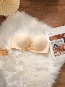 Women's Wavy Edge Tie-Up Bandeau Bra, Push-Up Padded Unlined Comfortable Lingerie [Suitable For Flat Chest] - Apricot - View 6