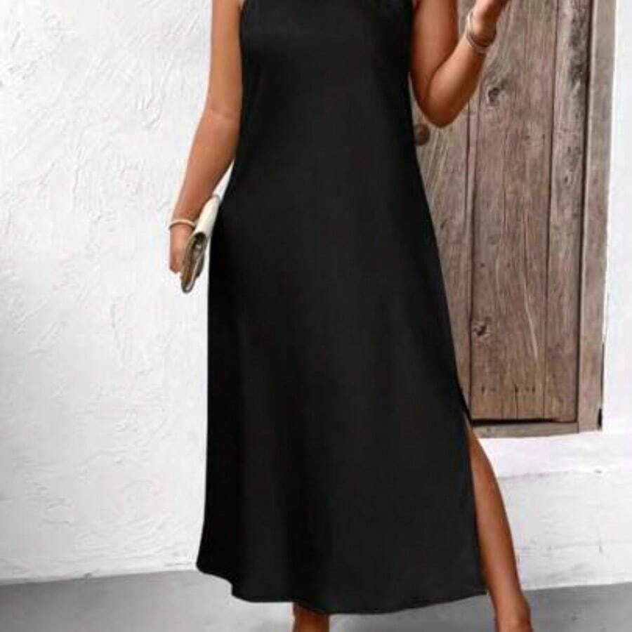 Flouryn Plus Size Casual Solid Color Sleeveless Side Slit Dress Maxi Satin Women Outfit - Negro - Ver 1