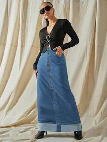 High Waist Cuffed Hem Button Up Maxi Denim Skirt With Stretch - Lavado medio - Ver 2