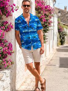 Men's Hawaiian Shirt Palm Tree Print Hawaiian Shirt Short Sleeve Casual Button Down Beach Shirt For Summer Vacation - 藍色 - 查看 4