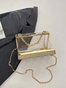 透明亚克力盒形包，流行晚餐包，斜挎链条包，小方包，时尚女士单肩包 - 金色 - 查看 3