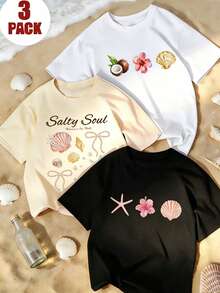 camisetas de mujer con estilo Prenda individual, no un conjunto de 3 piezas, 1 piezas/set de camisetas de manga suitable for streetwear, Top oversized cuello redondo daily outings, camping, concerts, hip-hop, rock, and rap events, estampado de conchas y estrellas de mar de cuello redondo y manga corta, conjunto de vestir casual de vacaciones de verano - Negro - Ver 1