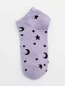 1/5 paires de chaussettes courtes d'été japonaises pour filles, motif étoiles et lune mignon. Chaussettes décontractées pour femmes avec motif céleste. Série de couleurs macaron, convient pour le port quotidien et les vacances - Multicolore - Voir 9