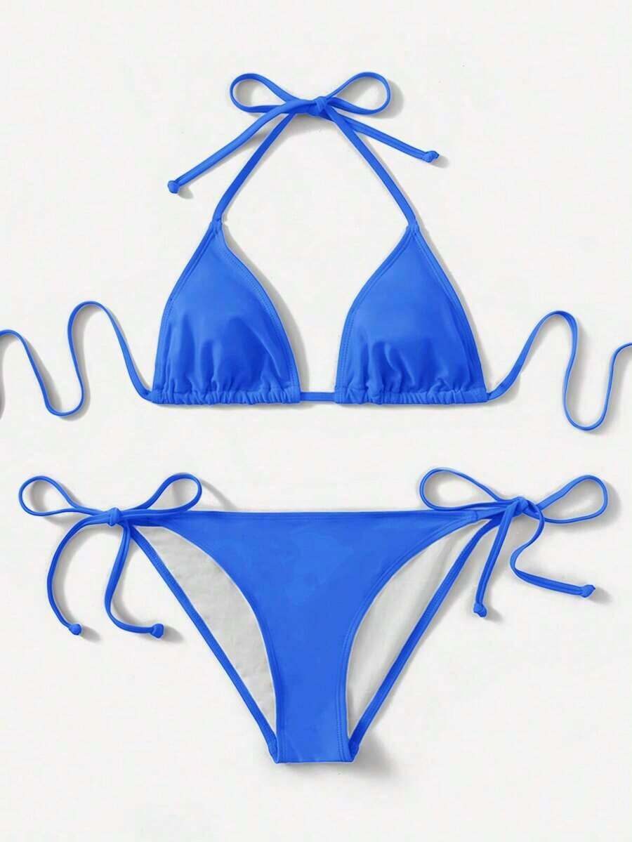 Women's Simple Solid Color Swim Bikini With A Halter Neck Tie And Cutout, Suitable For Beach Vacations And Summer. - 藍色2 - 查看 1