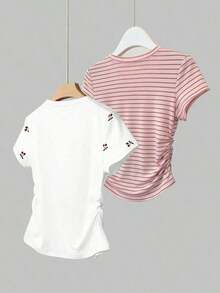 Set de 2 blusas de verano para mujer, camisetas con cintura ceñida, diseño de unicolor, burdeos y negro clásicos, de alta gama, para estudiantes, uso casual diario, adecuado para salir, ir de compras, usar en la oficina - Multicolor - Ver 2