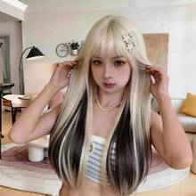 26 Inch Black Straight Layered Bangs Wig, Heat Resistant Synthetic Hair, Natural Daily Use - Black Highlight - View 10
