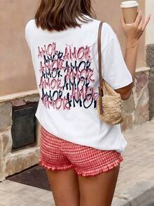 Women's Round Neck Printed Short Sleeve T-Shirt, Casual Loose Fit, Super Soft & Comfortable Fabric, Ins Street Fashion Style, Classic All-match Graphic Tee, Breathable Lightweight Daily Basic Top, Perfect for Daily Wear, Casual Vacation, Office Commute, Outdoor Going Out, Weekend Gathering, Shopping and Leisure Activities, Ladies Trendy Oversized Casual Pullover T-Shirt - Blanco - Ver 1