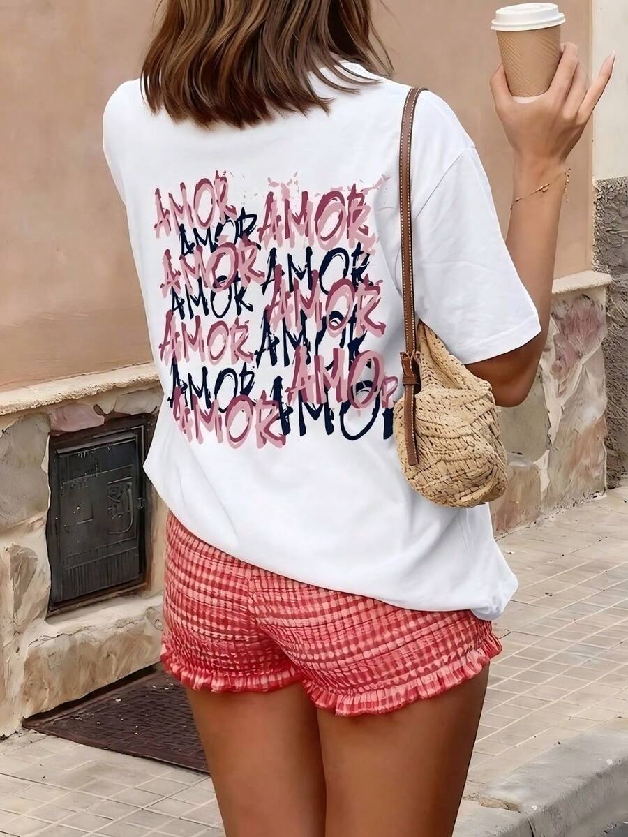 Women's Round Neck Printed Short Sleeve T-Shirt, Casual Loose Fit, Super Soft & Comfortable Fabric, Ins Street Fashion Style, Classic All-match Graphic Tee, Breathable Lightweight Daily Basic Top, Perfect for Daily Wear, Casual Vacation, Office Commute, Outdoor Going Out, Weekend Gathering, Shopping and Leisure Activities, Ladies Trendy Oversized Casual Pullover T-Shirt - Blanco - Ver 1
