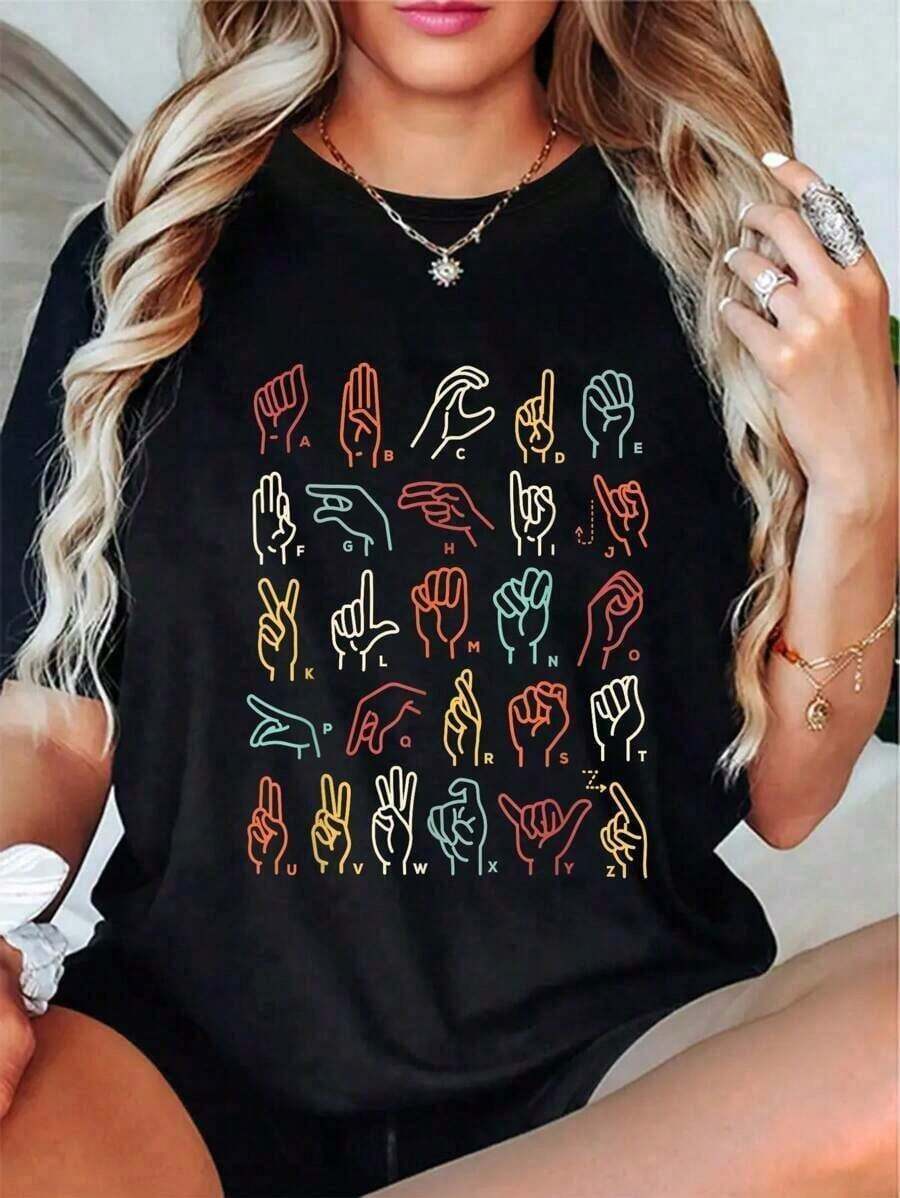 1 pieza Camiseta Casual de Manga Corta para Mujer con Estampado del Alfabeto en Lengua de Señales ABC para Maestros, 180g 100% Algodón, los diseños están impresos. Unisexo. - Negro - Ver 1