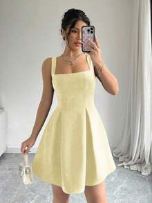 Vestido de vacaciones corto, unicolor, con cintura baja y estilo casual de verano para mujer - Albaricoque - Ver 4