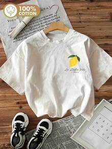 Lemon Stripe Print Oversized T-Shirt, 100% Cotton, Y2K Retro Casual Top For All Occasions - White - View 3