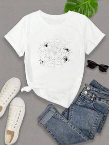 Camiseta de Mujer con Estampado de Telaraña, Manga Corta, Cuello Redondo, Estilo Casual, Ropa de Primavera/Verano para Mujer - Blanco - Ver 6