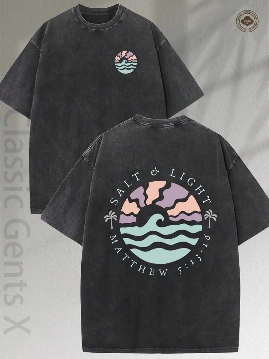 High-Quality, Fashionable Men's T-Shirt With Letter Print On Both Sides, Casual Summer Style, Round Neck And Short Sleeves, Made Of Pure Washed Cotton With A Batik Effect - Unisex Loose-Fitting Cotton T-Shirt With Short Sleeves And Round Neck In An Urban Vintage Style. - 黑色 - 查看 1