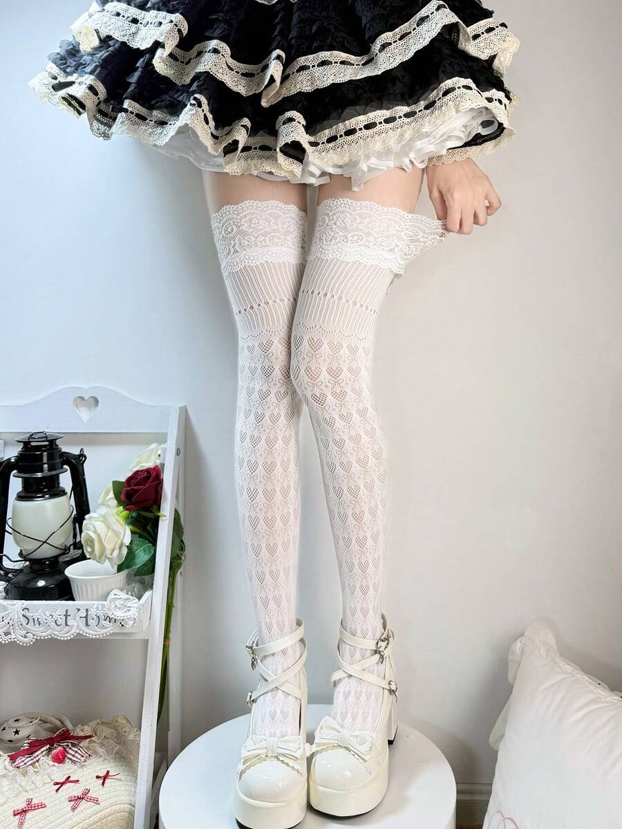 1 đôi tất nữ mỏng, khoét rỗng, cao đến đùi, kiểu Lolita, đa năng cho mùa xuân/hè. - Nhiều màu - Xem 1