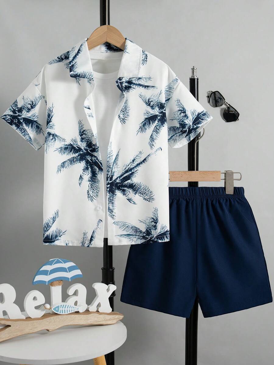2pcs/Set Boys' Casual Outgoing Fashion Plant Print Patch Front Dropped Shoulder Short Sleeve Shirt Top And Drawstring Shorts, Summer - Navy Blue - View 1