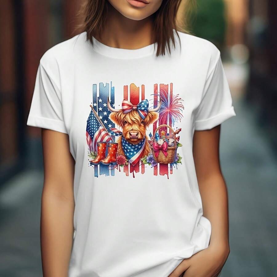 Patriotic Cow T-Shirt  4th of Julhirt, Summer Tee, Festival Wear, Gift for Animal Lovers, Casual Weekend Top220g heavyweight 100% cotton T-shirt. Butterfly print. Unisex sizing. Round neck inspirational T-shirt. Cute and beautiful Y2K-inspired summer top, perfect for the outdoors, home, work, or street wear. Casual, loose-fitting everyday T-shirt. - Blanco - Ver 1