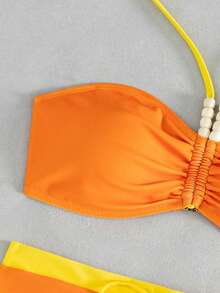 Conjunto de bikini de playa para mujer con bralette halter, adornado con nudo y estampado floral, shorts de alta elasticidad para vacaciones de verano - Naranja - Ver 5