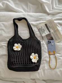 Yogodlns Knitted Tote Bag Woven Hobo Bag Large Capacity Fashion Tote Handbags With Flower Decor Casual Beach Bag Simple Summer Bag Women's Knitted Shoulder Bag Summer Handbag Ins Large Capacity Shopping Tote Bags Woven Hollow Mesh Beach Bags Cool Girl - Black - View 7