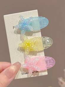 6pcs Girls Delicate Cute INS Style Versatile Hair Clips, Plaid 3D Starfish Side Bangs Decor Hairpins - Multicolor - View 6