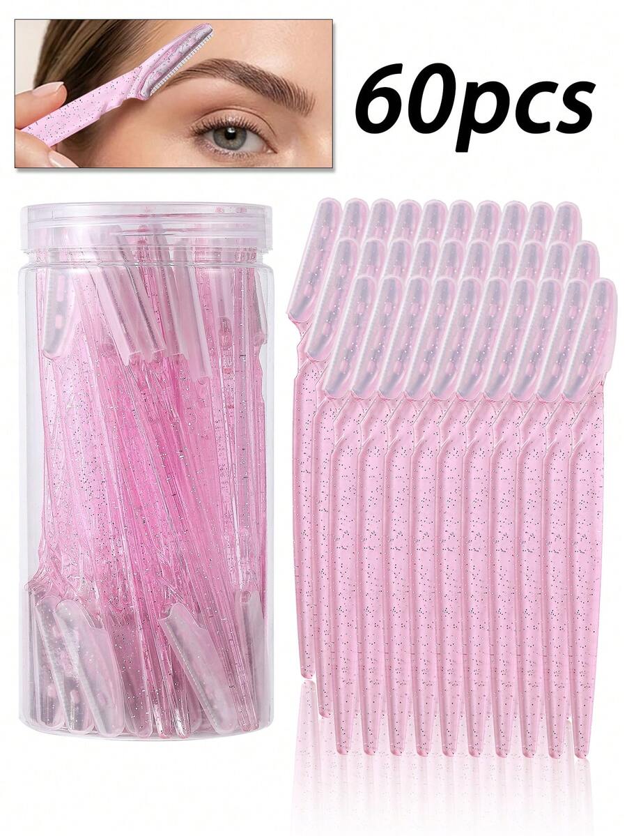 60/30/24/12/6/1pcs Pink Glitter Women's Facial Exfoliating Razor Set, Includes Storage Box, Eyebrow Razor And Facial Razor, Unisex Facial Razor, Long Handle Blade With Precision Guard, Women's Beauty Tool - Pink - View 1
