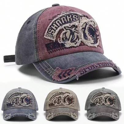 Mũ lưỡi trai denim nam SHRRKS thêu hình cá mập, kiểu dáng thời trang đường phố, mũ chống nắng ngoài trời, thích hợp cho mùa xuân, mùa thu, du lịch và đi biển.