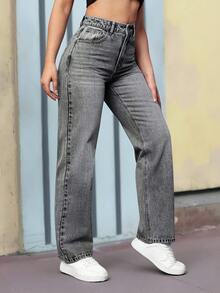 Jeans rectos de talle alto con bolsillos, ajustados y desgastados para mujer - 2034 - Ver 7