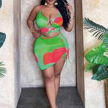 Slayr CURVE Plus Size Women 3pcs Swimsuit Set - Gradient Random Print Tie Front Hollow Top, Paired With Triangle Bottoms & Drawstring Beach Skirt, & Sexy For Beach Holiday For Summer Beach Vacation - Rosa - Ver 5