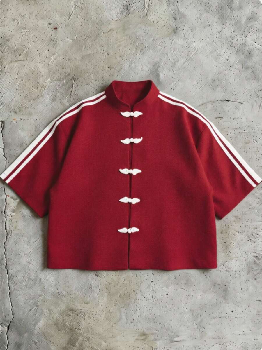 Áo sơ mi ngắn tay thời trang đường phố nam casual, cúc ếch trước ngực, dáng ngắn rộng thoải mái, màu đen unisex cho cặp đôi, đi hẹn hò cuối tuần, mặc hằng ngày, đi du lịch, đi biển - Đỏ - Xem 1