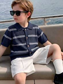 Boys' Casual Striped Hollow Collar POLO Shirt, Short Sleeve Thin Knit Cardigan Sweater, Suitable For School Daily Wear In Summer And Autumn - Navy Blue - View 3