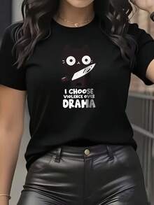 Camiseta para Mujer con Estampado Divertido de Gato, Cuello Redondo, Manga Corta, Diseño Streetwear Casual, Ideal para Verano - Negro - Ver 9