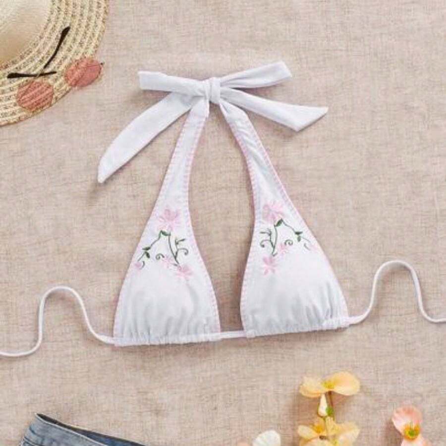 Swim Mod Halter Neck Backless Deep V Vintage Floral Print Bikini Top, For Summer Beach Vacation - Blanco - Ver 1