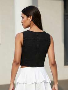 Women's Summer Jean Vest Waistcoat Sleeveless Zip Up Denim Vest Tank Tops Jean Jacket - Negro - Ver 2