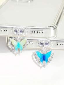 Accesorio de enchufe antipolvo con decoración de mariposa y corazón de ónix y cristal, accesorio colgante compatible con todos los modelos de teléfono - Multicolor - Ver 4