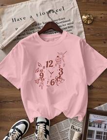 Short-Sleeve T-Shirt With Clock And Cupcake And Rabbit Details, Fashionable Short-Sleeve T-Shirt For Spring And Summer 2026, Made In Mexico, 180 Grams. Cartoon Print, Couple Design, Suitable For Indoor Or Outdoor Wear. Crew Neck, Unisex, Ideal For Office And Leisure. One-Piece Pack. - PK-P631577SLNDXZGY406 - 查看 4
