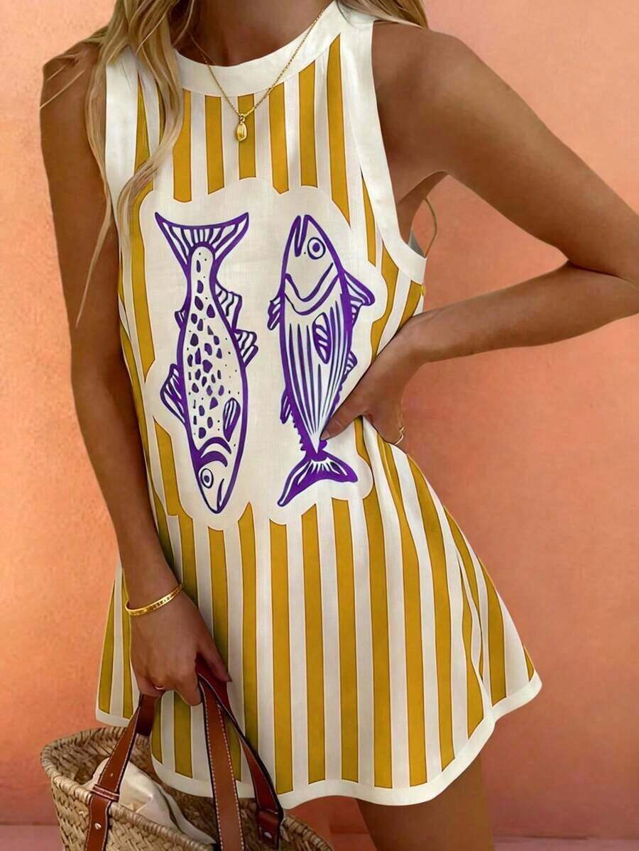 Starfish Boho Style Summer Beach Casual Comfortable Vintage Colorblock Striped Fish Scale Print Sleeveless Dress, Brunch Outfit Women Elegant - 黃色 - 查看 1
