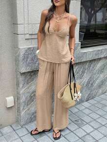 Conjunto de 2 piezas para mujer : Top de camisola elegante y pantalones holgados con cordón, camisola de lino con escote en V profundo y diseño sin espalda, y pantalones de cintura relajada, conjunto sexy, lindo y elegante para el verano - Caqui - Ver 7