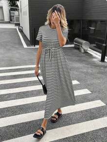 Women's Striped Round Neck Short Sleeve Tie Waist Pocket Casual Mid-Length Dress Women's Summer Dresses Women's Summer Outfits Casual Outfit For Women Dress Women's Summer Co Ord Maxi Dress With Pockets,Summer Dresses For Women - 彩色 - 查看 11