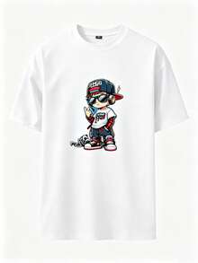 Set: T-Shirt With Rapper Print And Shorts With 'Cool ' Embroidery, Casual Set With Graphic Design Of A With Cap And Headphones, Summer Outfit With Urban And Fun Style - 白色 - 查看 2
