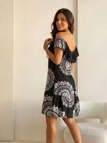 KIARA BRAZIL Vestido Ombro a Ombro com Babados Estampa Mandala-#100712 - Preto - Visão 3